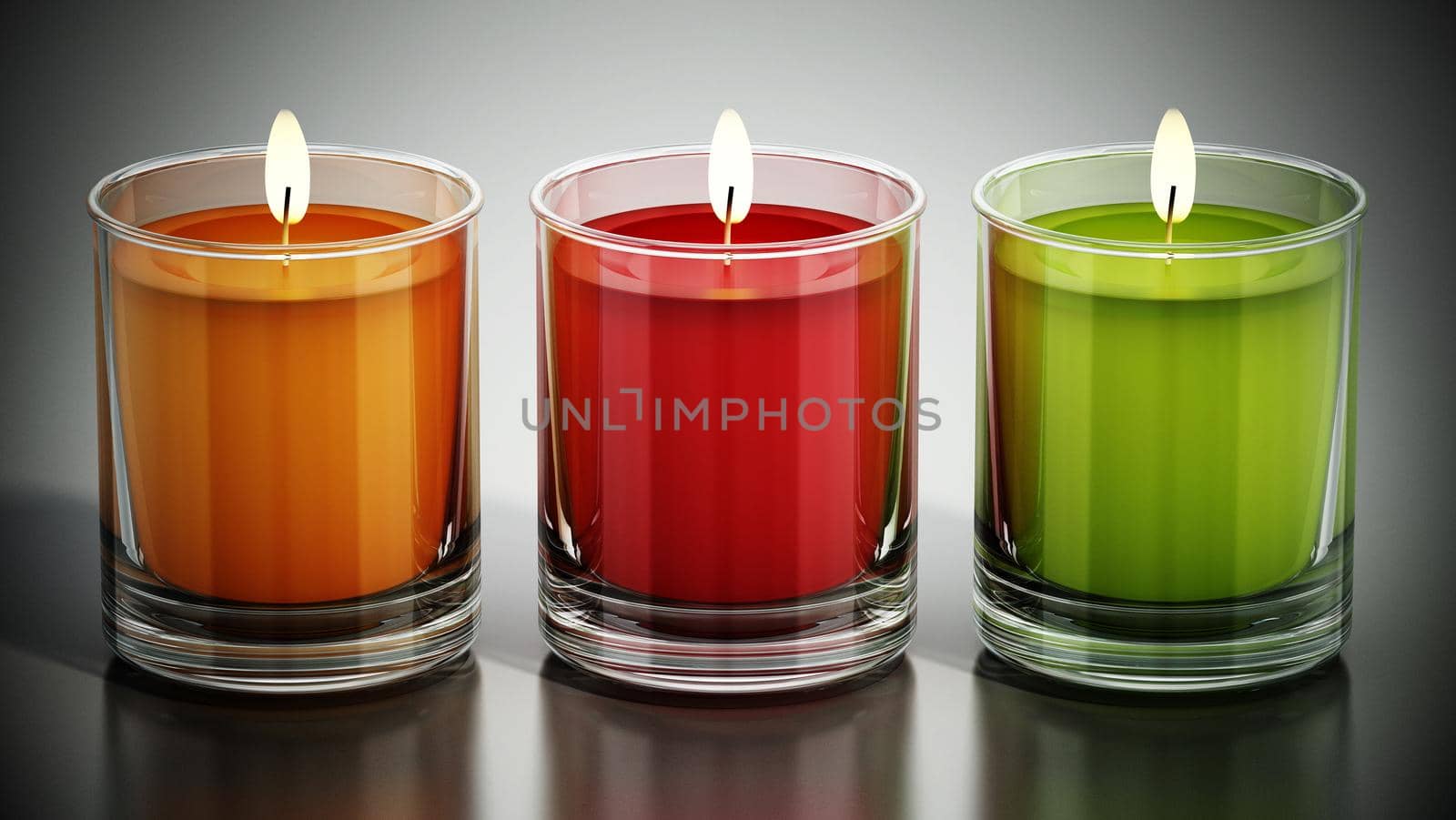 Colorful lit candles inside glasses. 3D illustration.