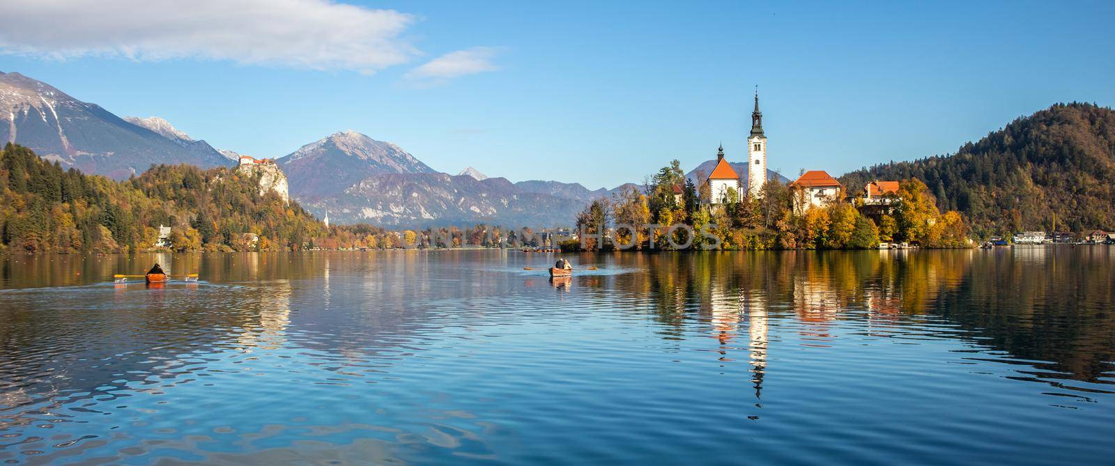 Panoramic view of Lake Bled with St. Marys Church of the Assumption on the small island. Bled, Slovenia, Europe. by kasto
