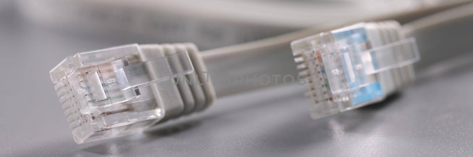 Close-up of pair of internet connectors on grey background, cable with plastic clip. Internet and telecommunications, modern technology, service concept