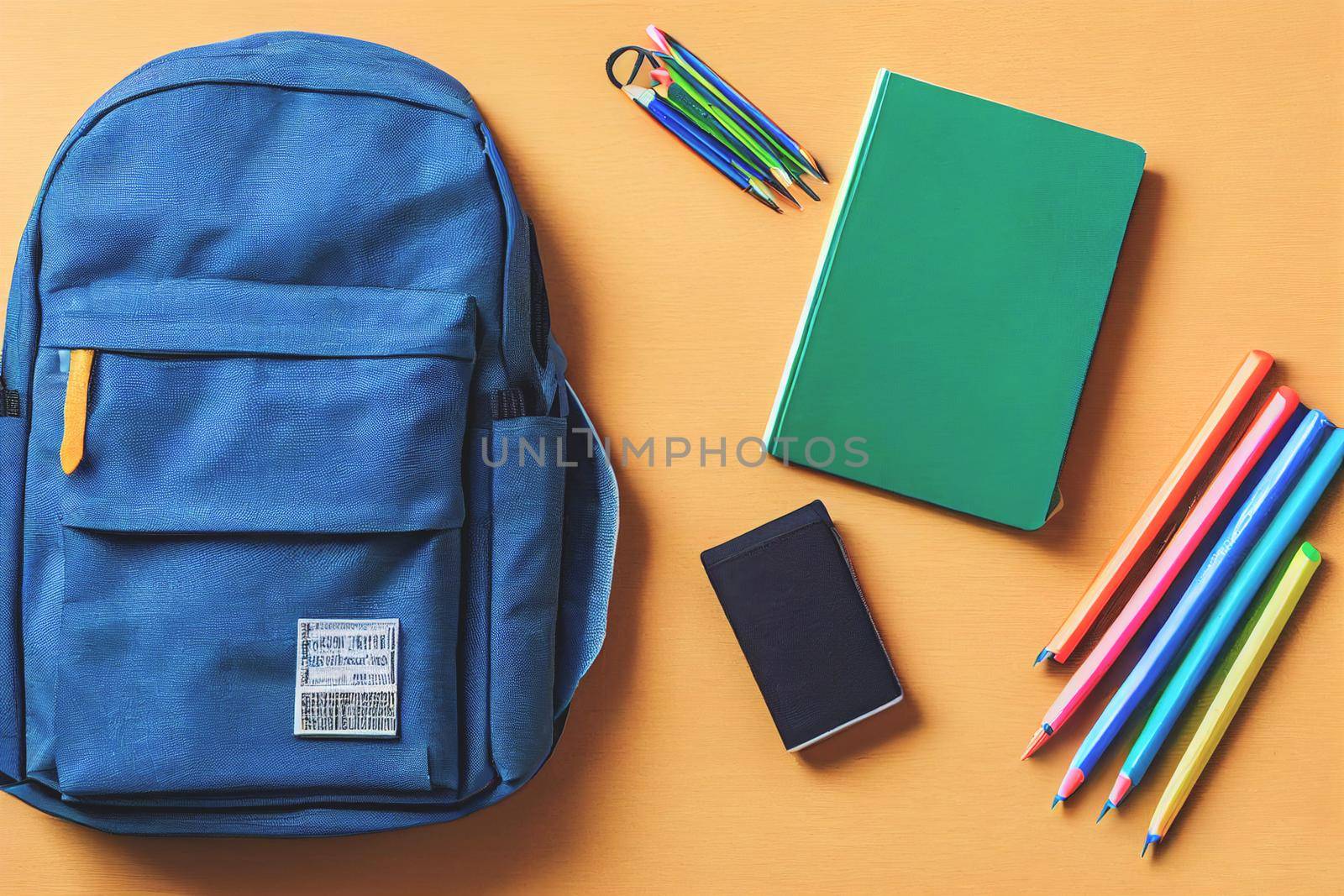 Backpack with various colorful stationery on a table of school supplies against a black background, back to school concept. 3D illustration
