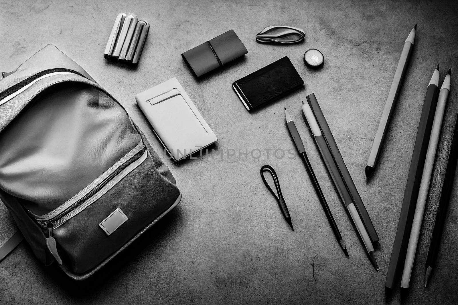 Backpack with various colorful stationery on a table of school supplies against a black background, back to school concept. 3D illustration