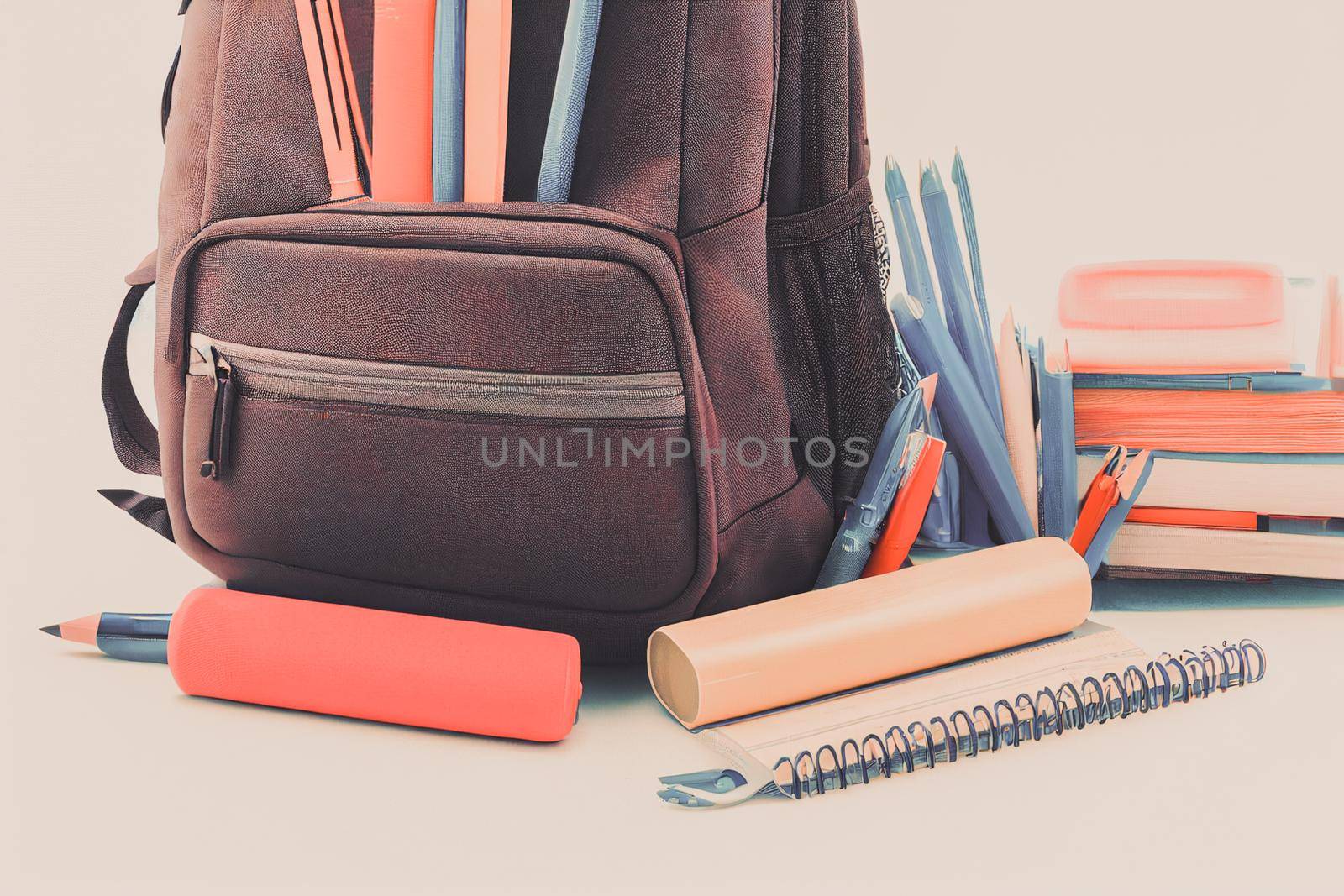 Backpack with various colorful stationery on a table of school supplies against a black background, back to school concept. 3D illustration