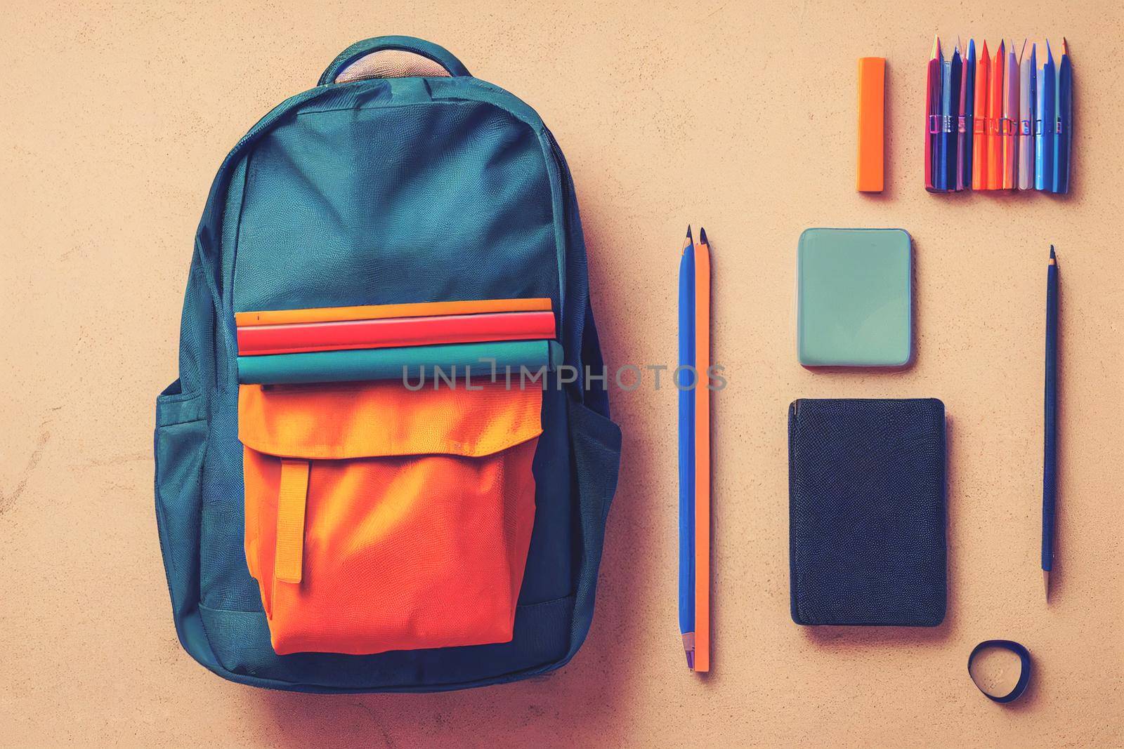 Backpack with various colorful stationery on a table of school supplies against a black background, back to school concept. 3D illustration