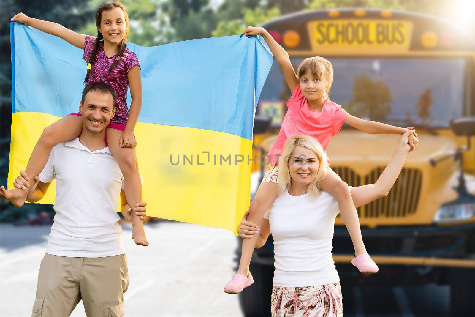 family near the school bus with the flag of Ukraine.