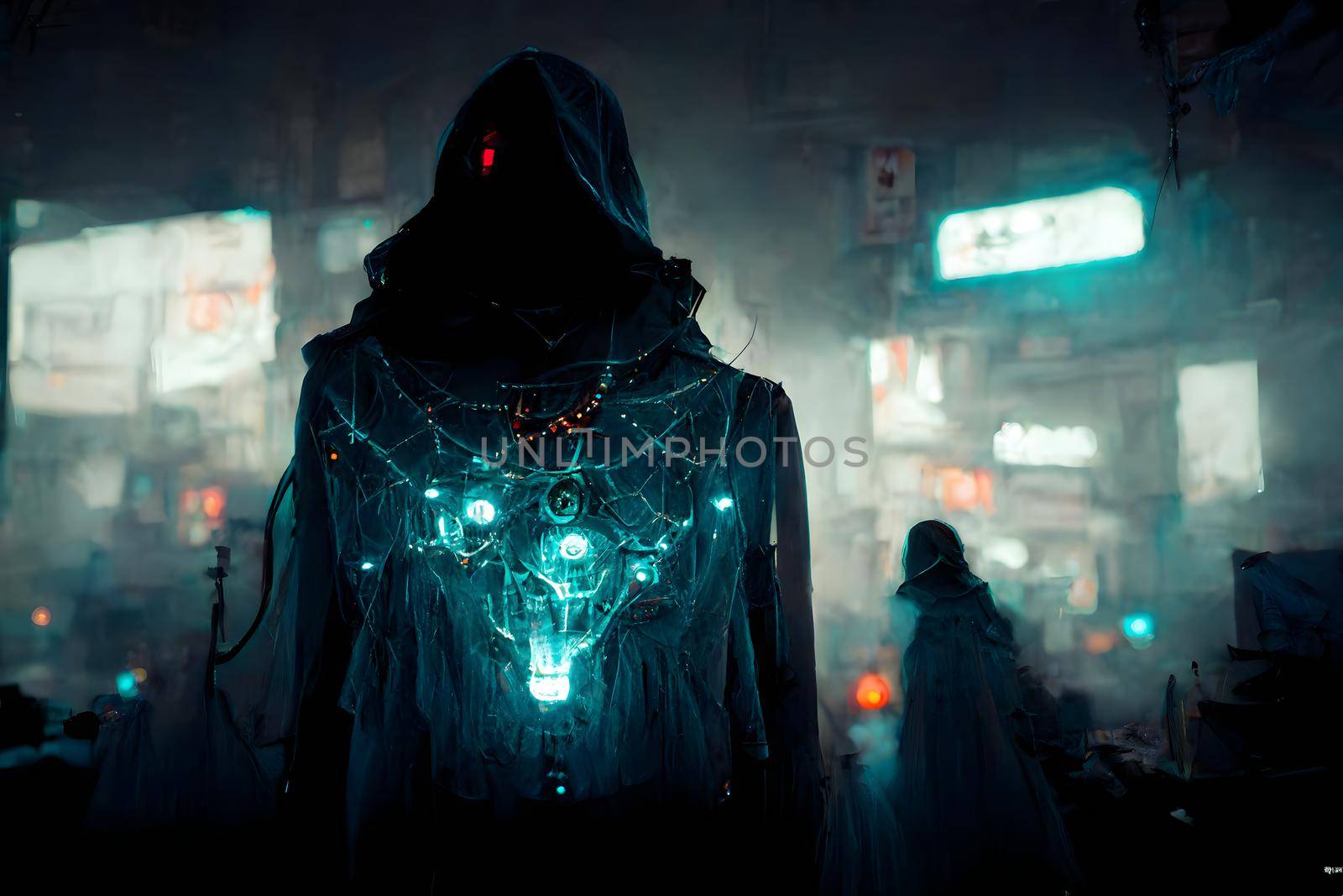 dark cybermage, cyberpunk sorcerer in a cloak with a hood, neural network generated art. Digitally generated image. Not based on any actual scene or pattern.