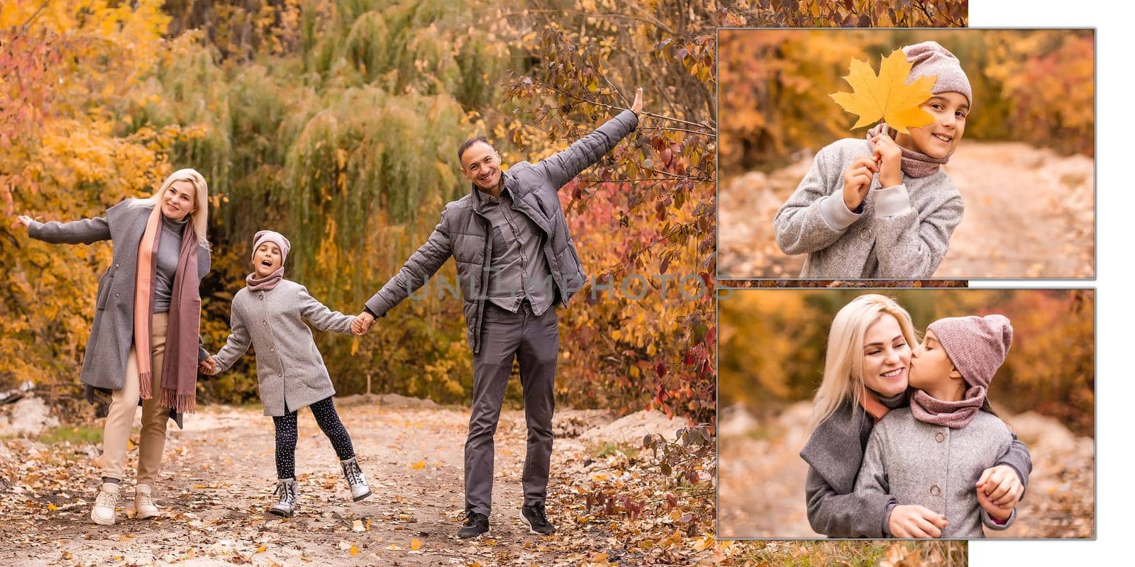 family, childhood, season and people concept - happy family playing with autumn leaves in park. High quality photo