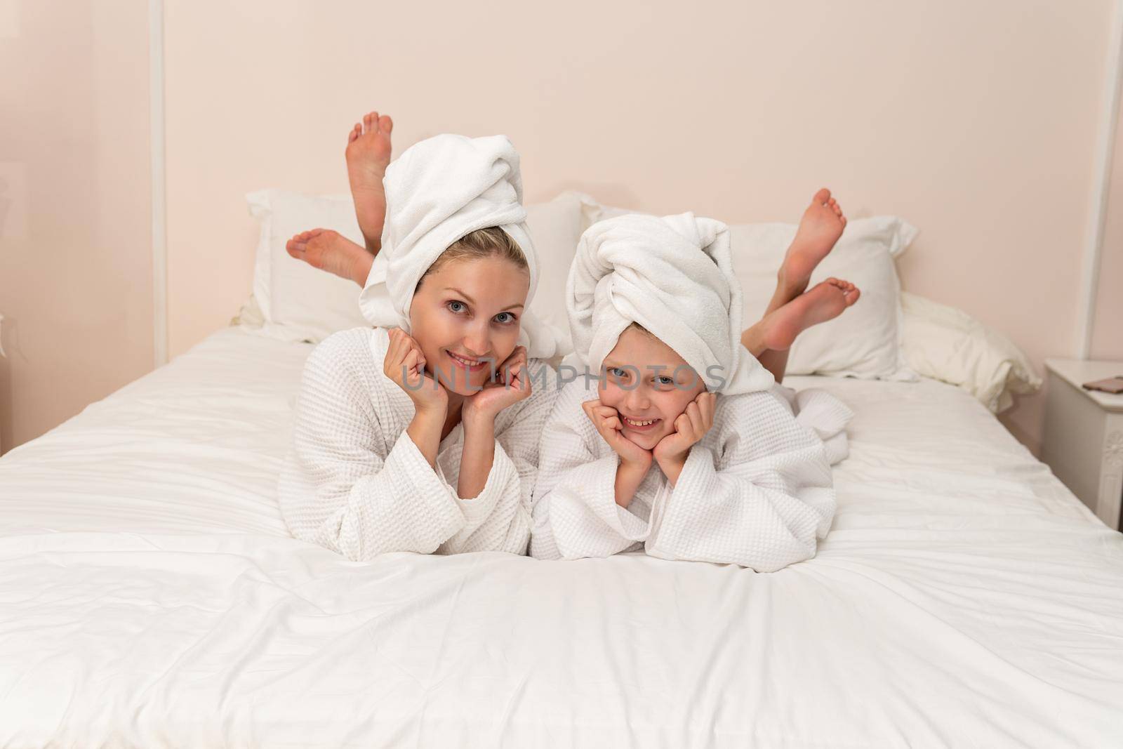 Daughter smiling dries bath love mom thinks elbows smile bathrobe, from girl cute from dressing for hotel spa, little baby. Hair funny fashion, by 89167702191