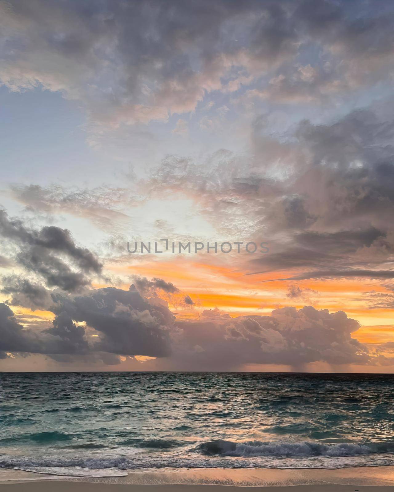 Calm sea with sunset sky and sun through the clouds over. Meditation ocean and sky background. Tranquil seascape. Horizon over the water. download photo