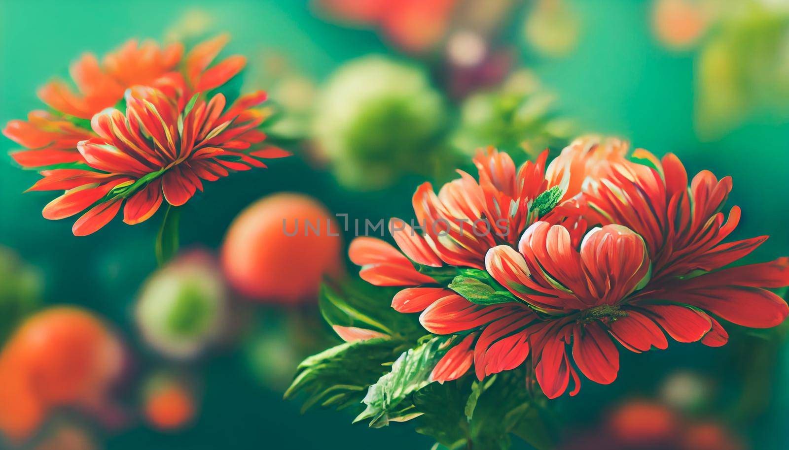 Digital art background Fresh floral background with Chrysanthemum flowers in red and orange, vibrant green foliage, and blurred plants