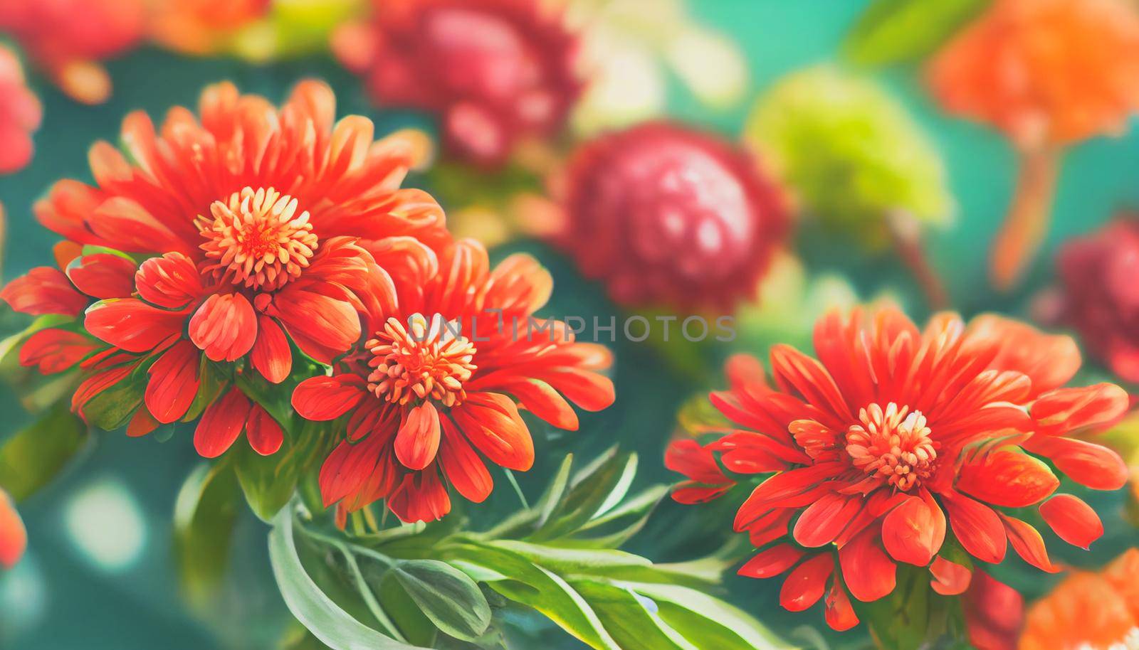 Digital art background Fresh floral background with Chrysanthemum flowers in red and orange, vibrant green foliage, and blurred plants