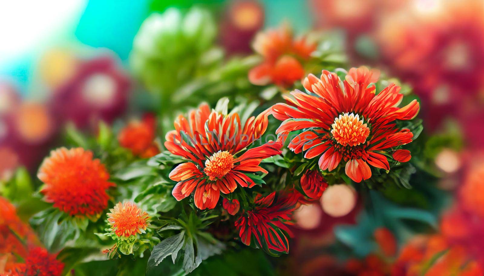 Digital art background Fresh floral background with Chrysanthemum flowers in red and orange, vibrant green foliage, and blurred plants