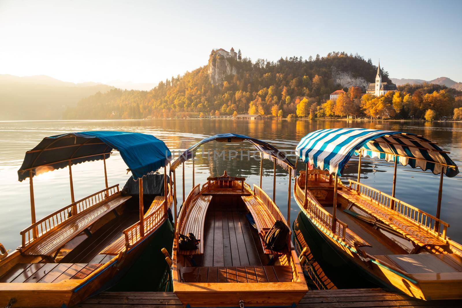 Traditional wooden boats on picture perfect lake Bled, Slovenia.