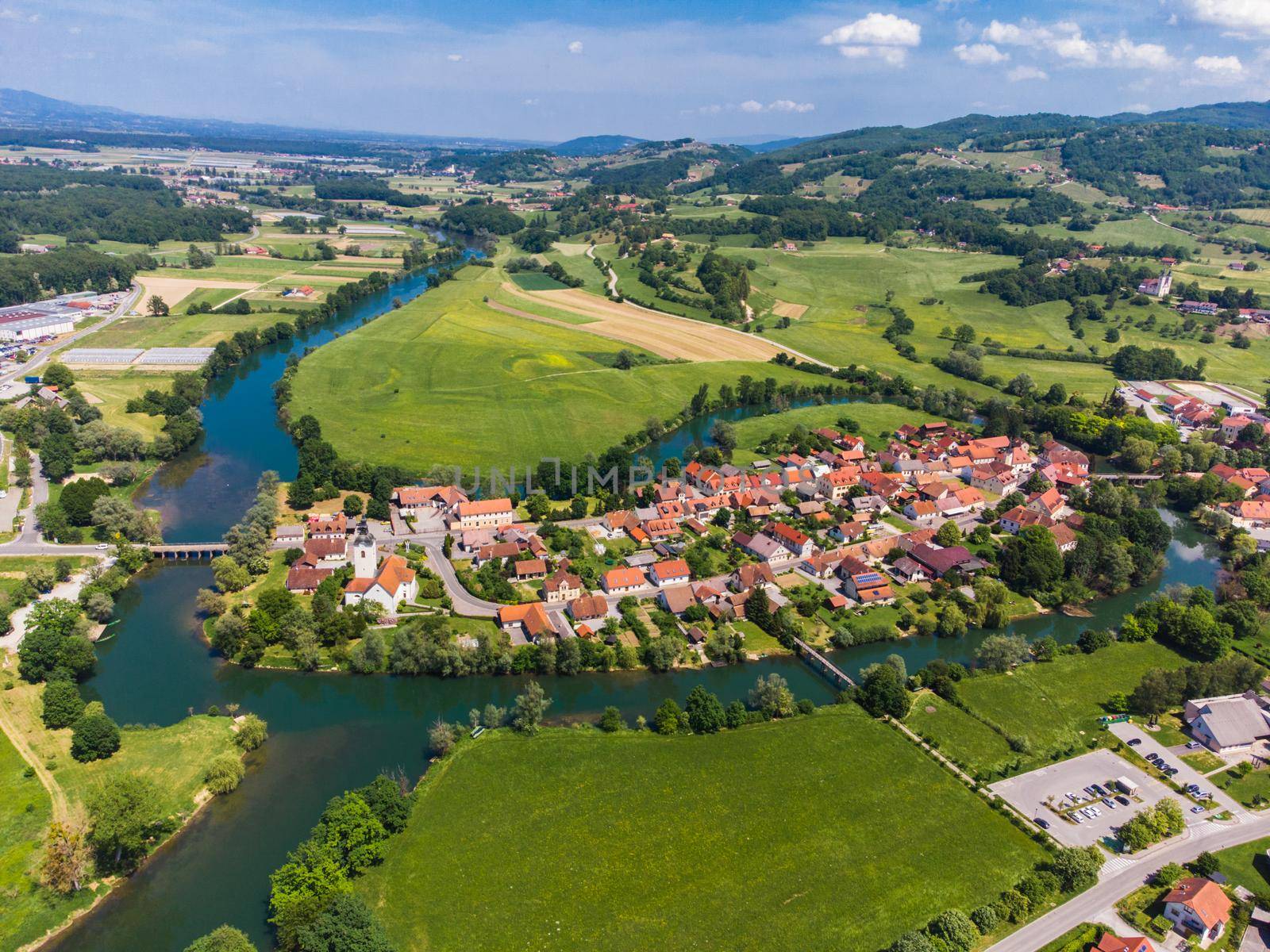 Kostanjevica na Krki Medieval Town Surrounded by Krka River, Slovenia, Europe. Aerial view