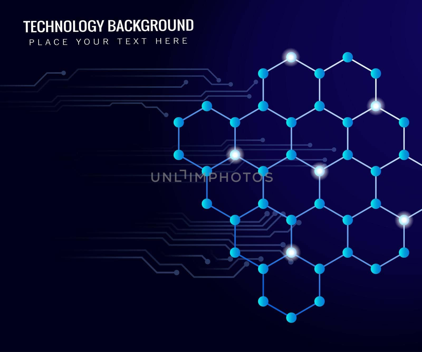 geometric hexagon connecting lines and dots blue background with circuit board