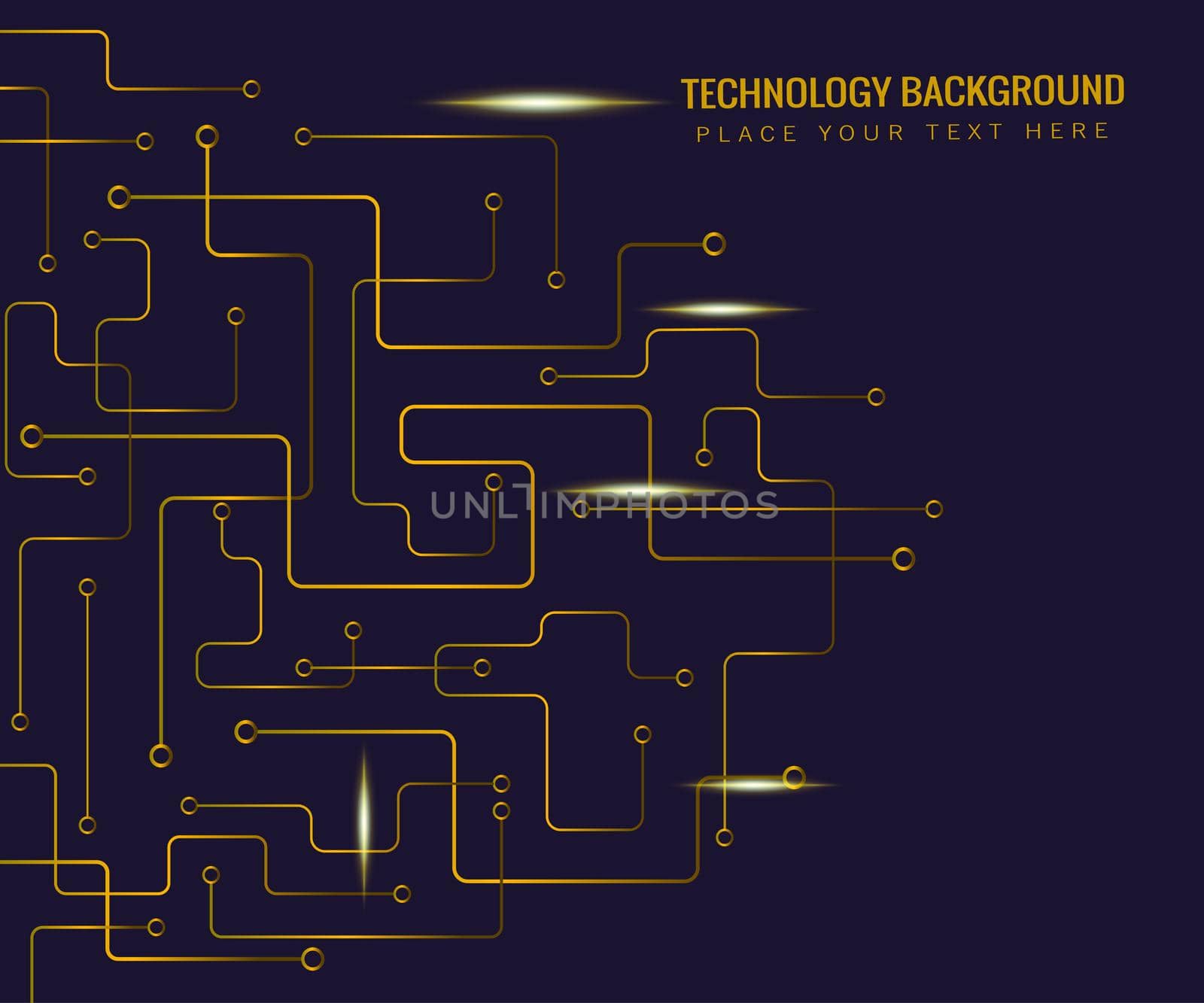 Technology circuit board dark blue background with connecting lines gold and light