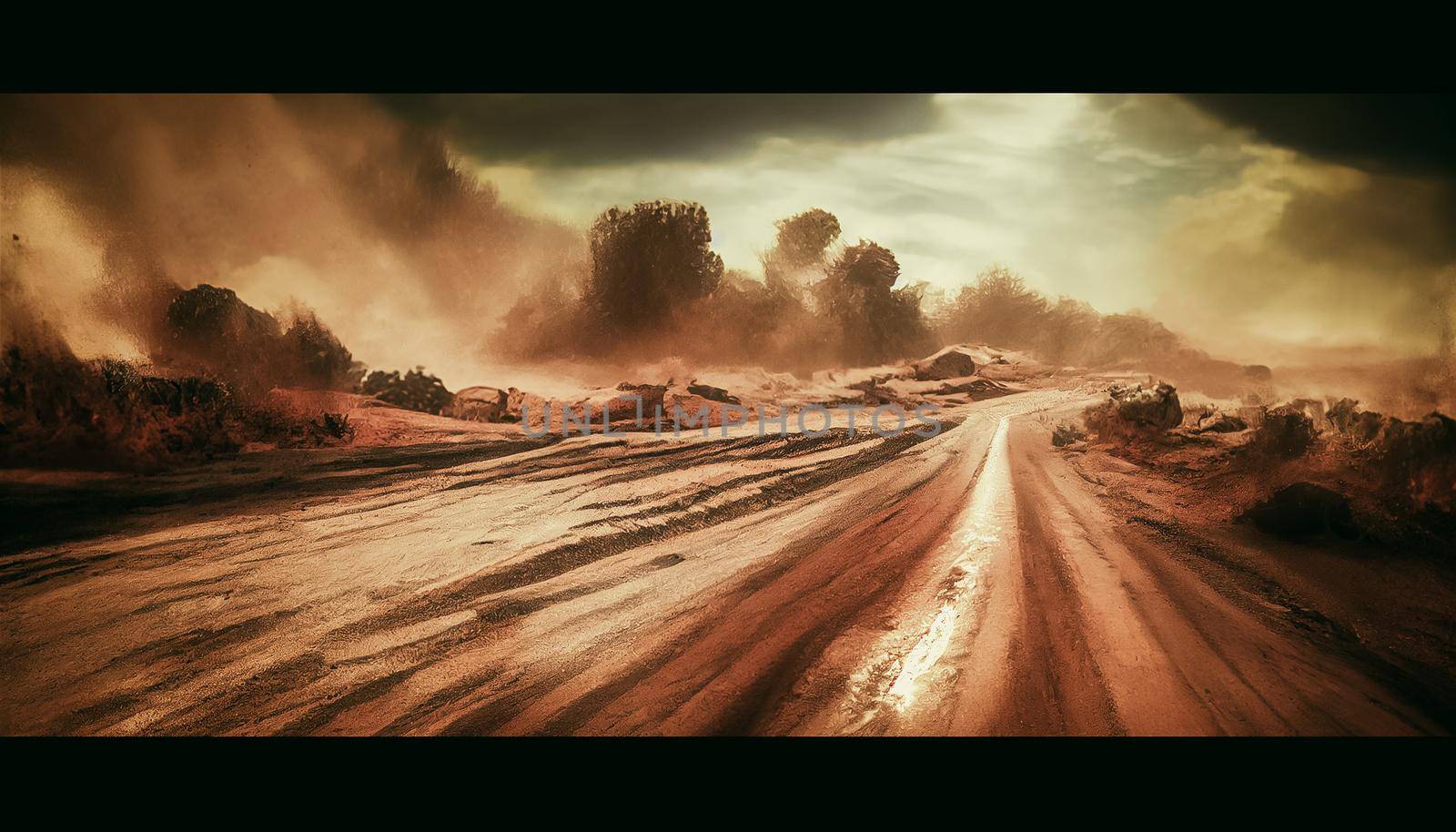 Dust sand cloud on a dusty road. Scattering trail on track from fast movement. Digital illustration.