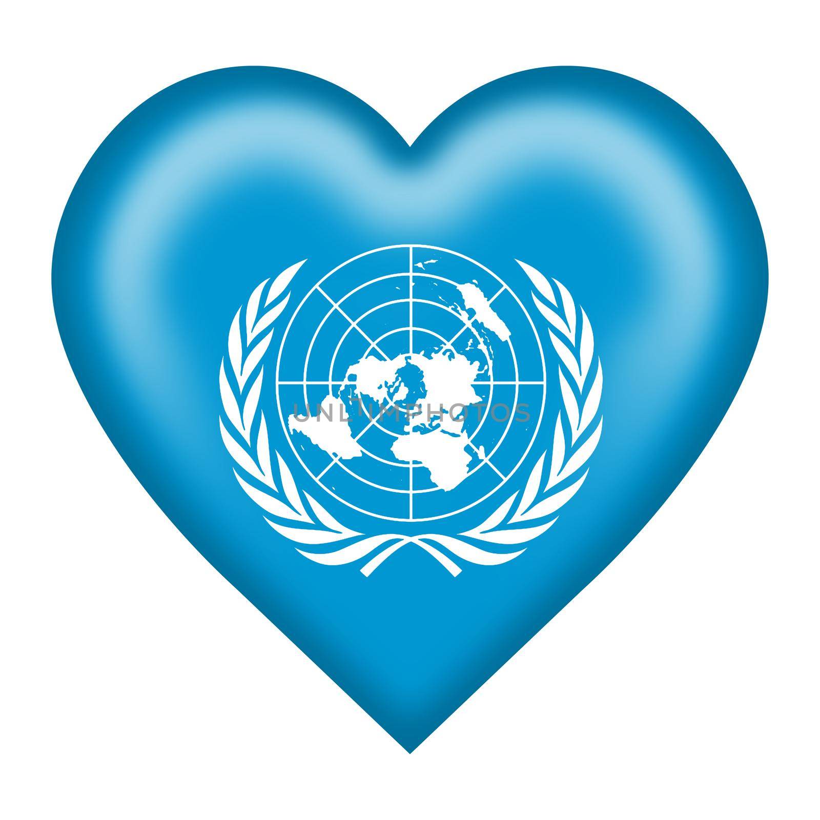 A United Nations flag heart button 3d illustration isolated on white with clipping path