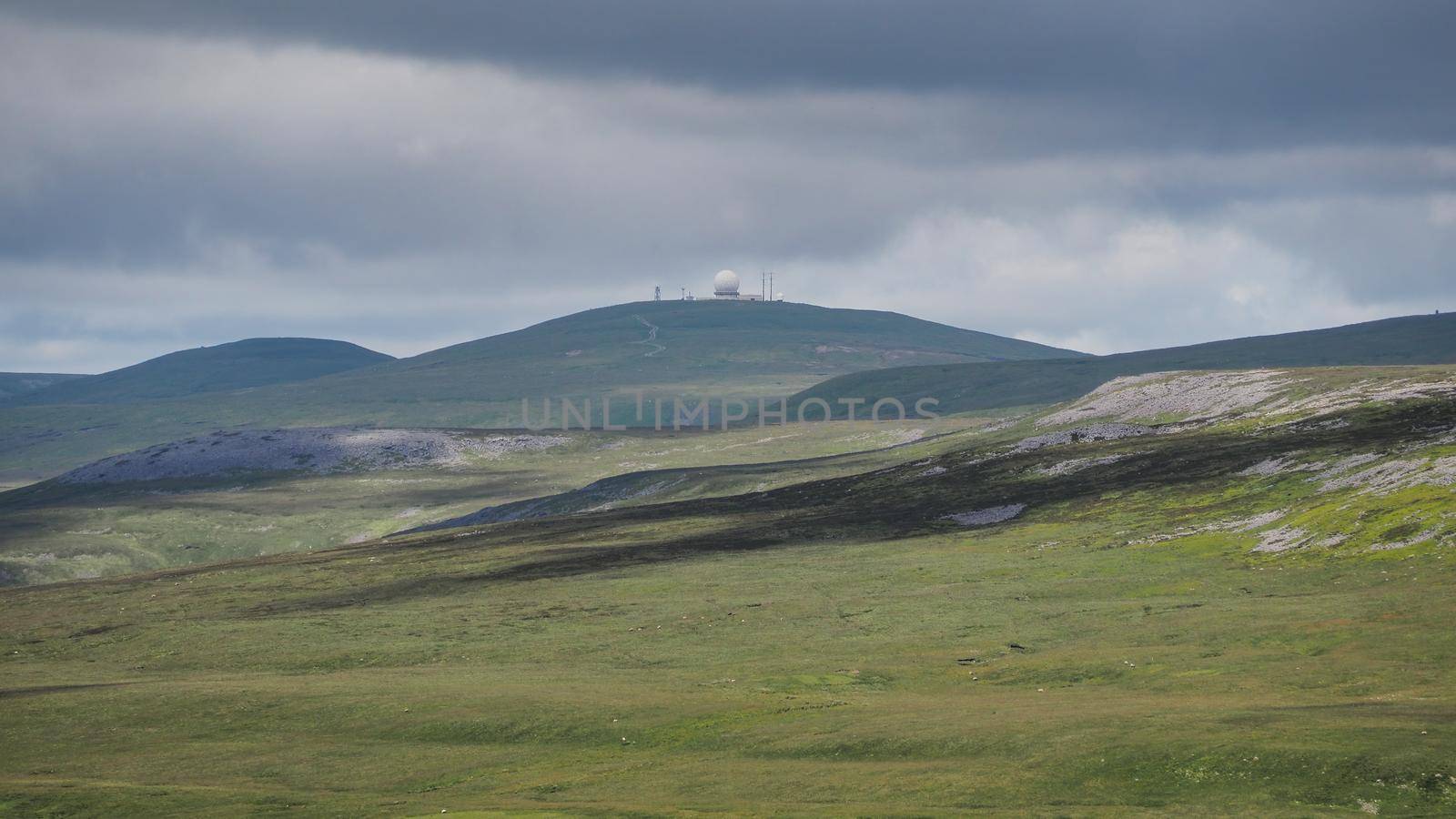 The Civil Aviation Authority air traffic control radar on the summit of Great Dun Fell, Eden Valley, North Pennines, Cumbria, UK