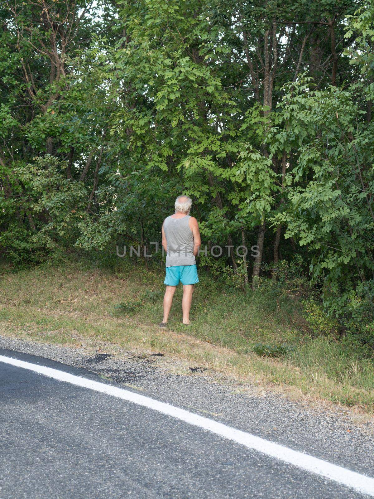 senior caucasian man urinating at roadside, rear view, summertime by verbano