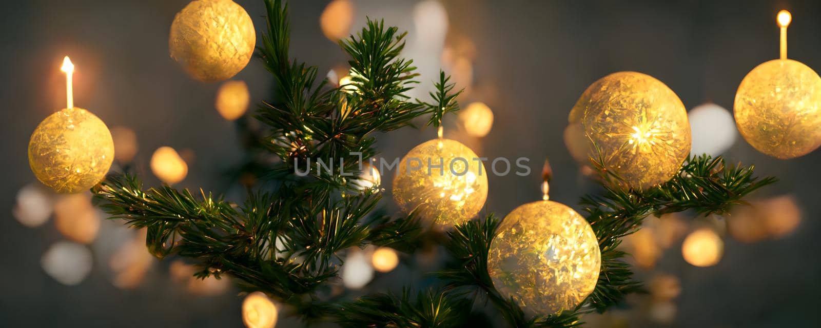 fir twigs with golden christmas balls on gray background, neural network generated art. Digitally generated image. Not based on any actual scene or pattern.