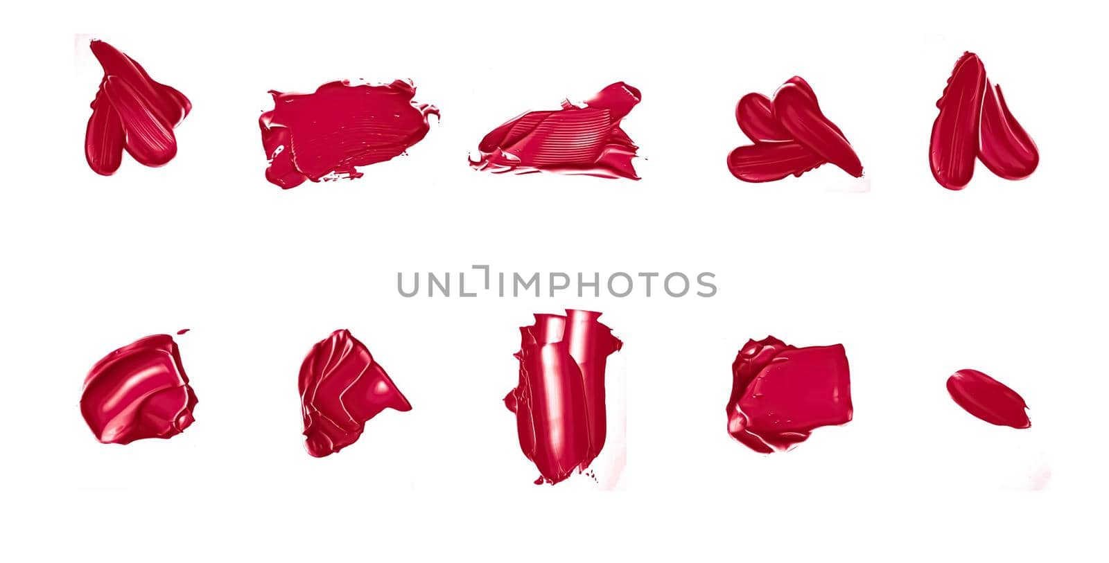 Red beauty swatches, skincare and makeup cosmetic product sample texture isolated on white background, make-up smudge, cream cosmetics smear or paint brush stroke closeup