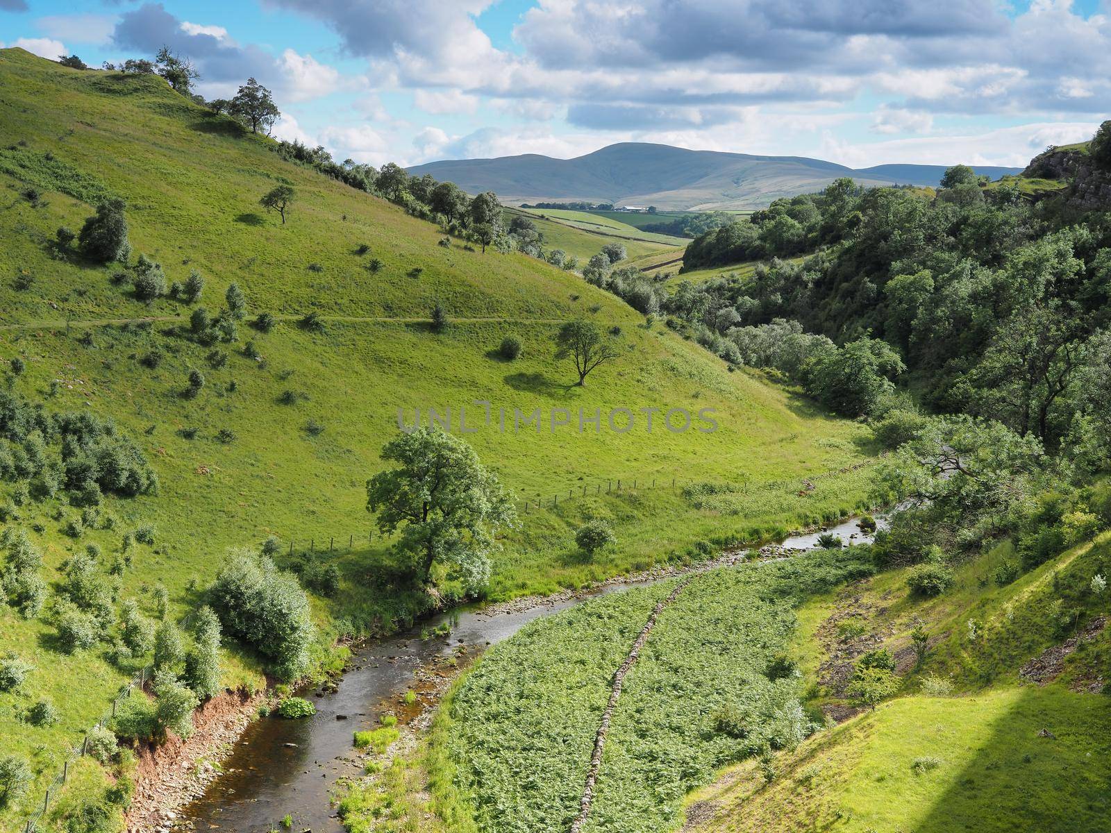 View down to Scandal Beck and up the valley from Smardale Gill viaduct, Eden Valley, Cumbria, UK