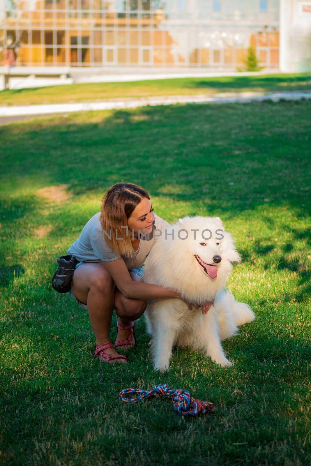 An adult woman with red hair plays and strokes her dog of the Samoyed breed. White fluffy pet in a park with mistress on a green lawn have fun. High quality photo