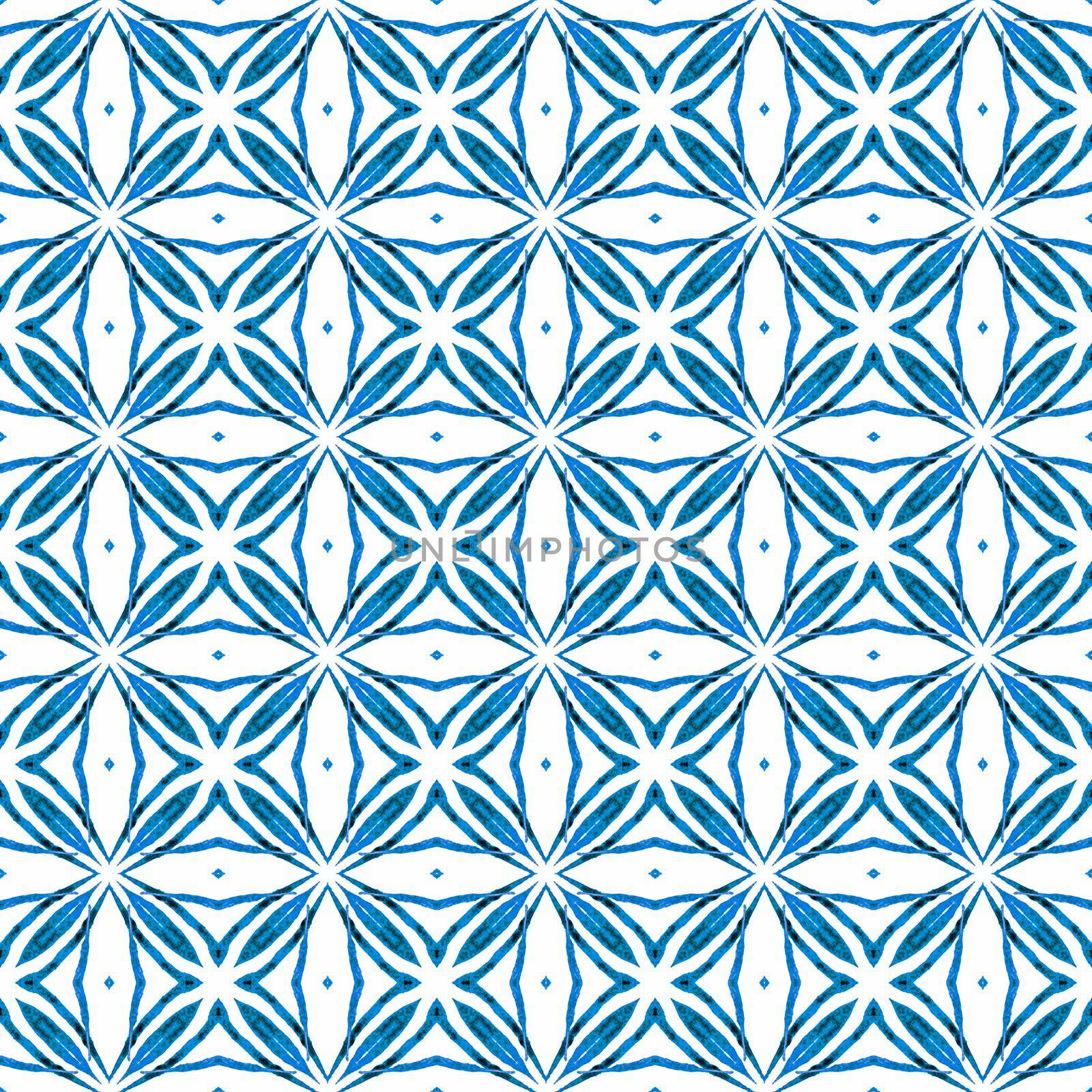 Ikat repeating swimwear design. Blue classy boho chic summer design. Textile ready quaint print, swimwear fabric, wallpaper, wrapping. Watercolor ikat repeating tile border.