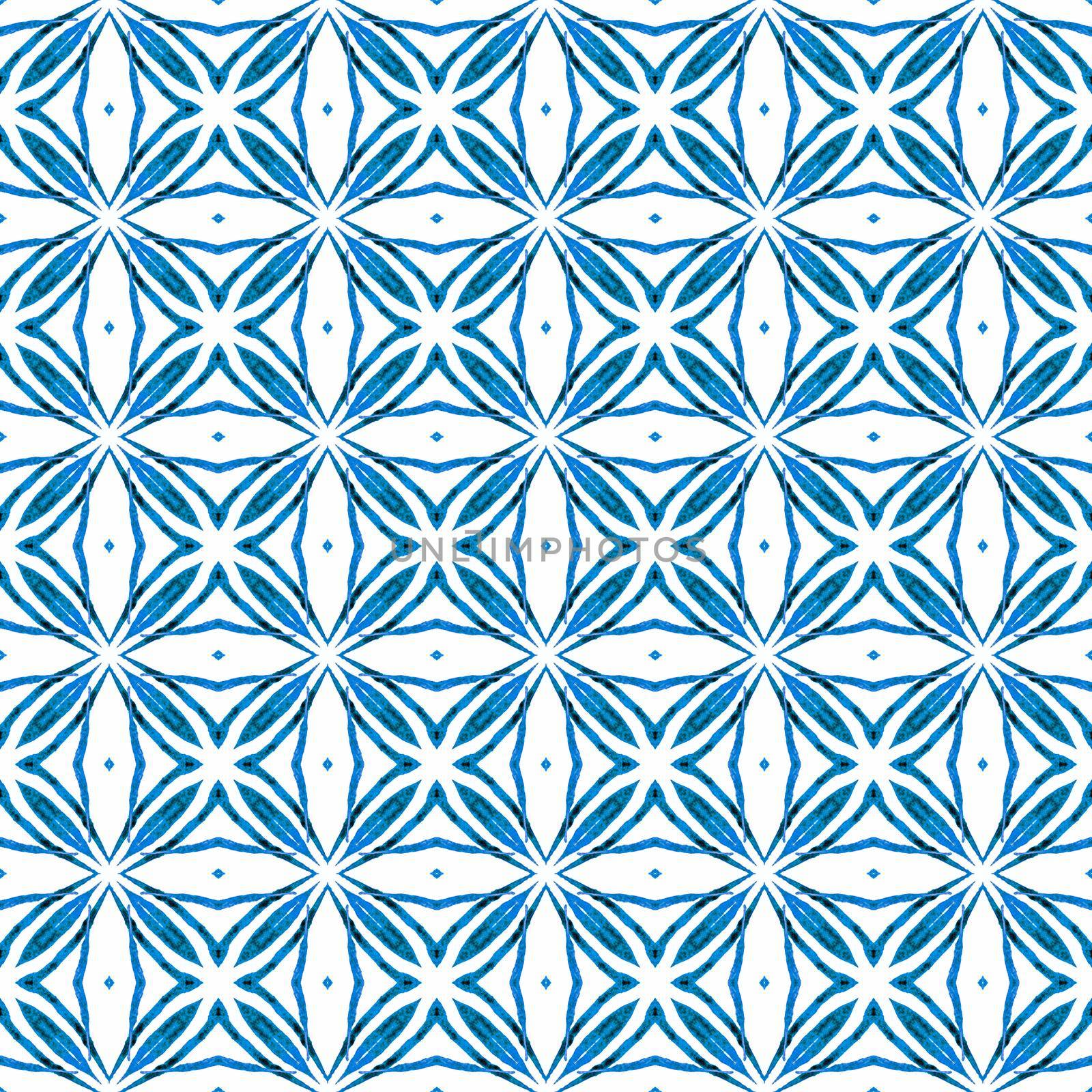 Ikat repeating swimwear design. Blue classy boho chic summer design. Textile ready quaint print, swimwear fabric, wallpaper, wrapping. Watercolor ikat repeating tile border.