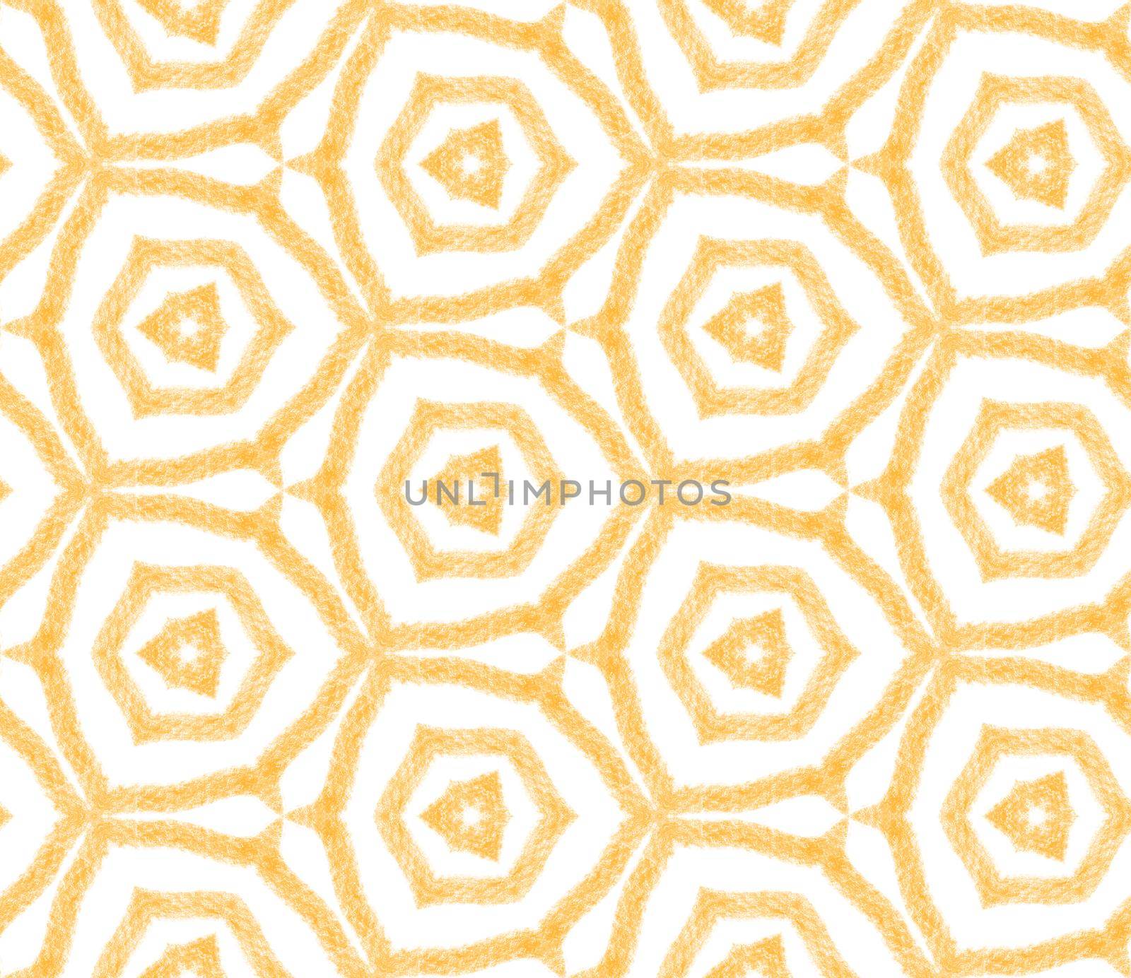 Ikat repeating swimwear design. Yellow symmetrical kaleidoscope background. Summer ikat sweamwear pattern. Textile ready fine print, swimwear fabric, wallpaper, wrapping.