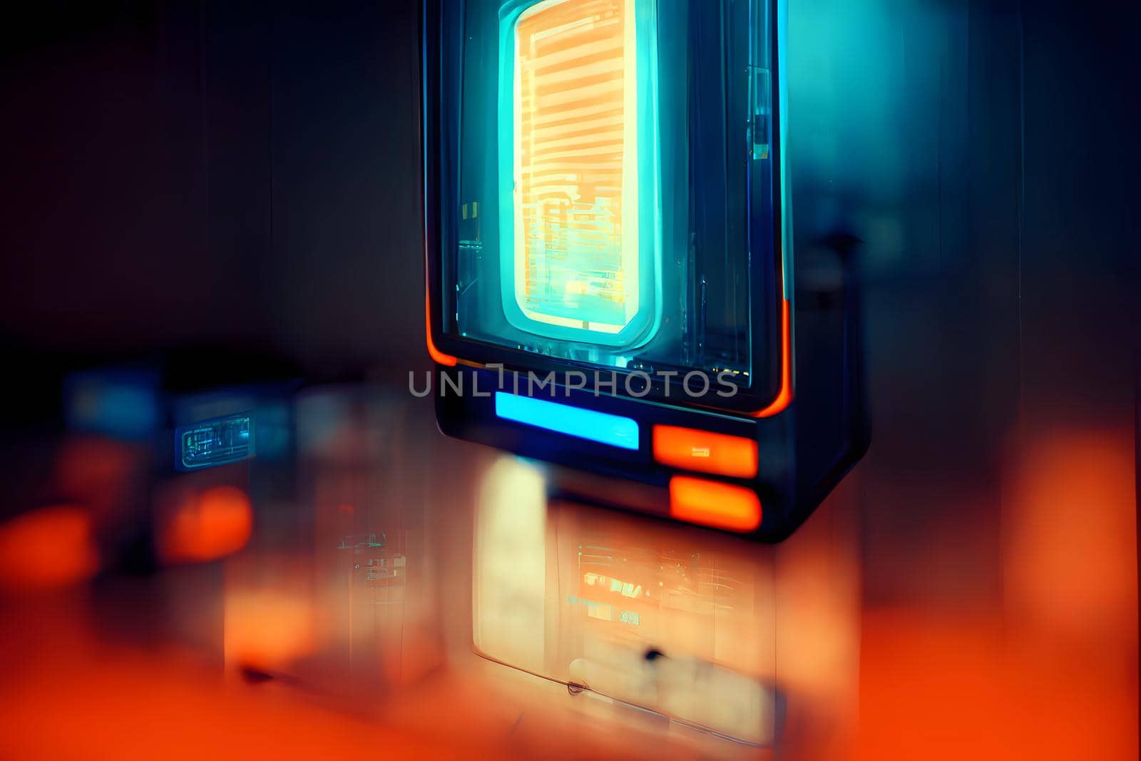 abstract teal-orange hight-tech cyberpunk background, neural network generated art.