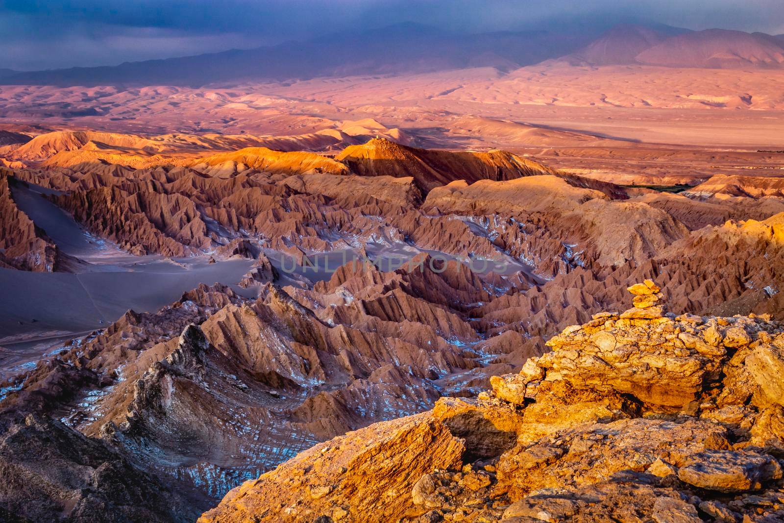 Moon Valley, Valle de la Luna at peaceful sunset, Atacama desert, Chile, South America