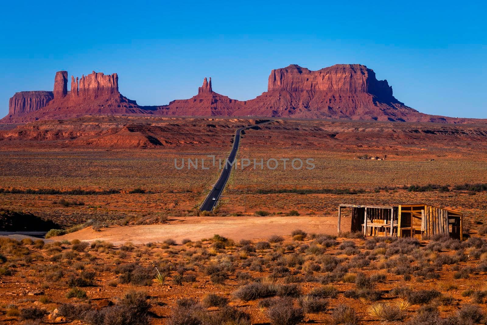 Highway Road U.S. Highway 163 and Monument Valley at sunset, Arizona, United States