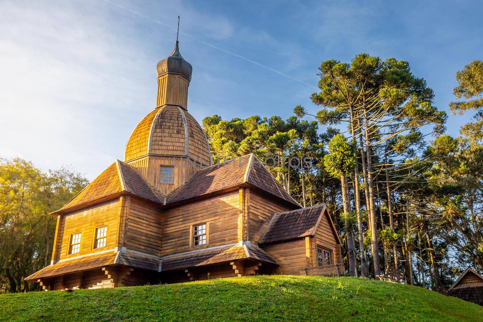 Wooden orthodox ukrainian church in Curitiba at sunrise, capital of Parana state, Brazil