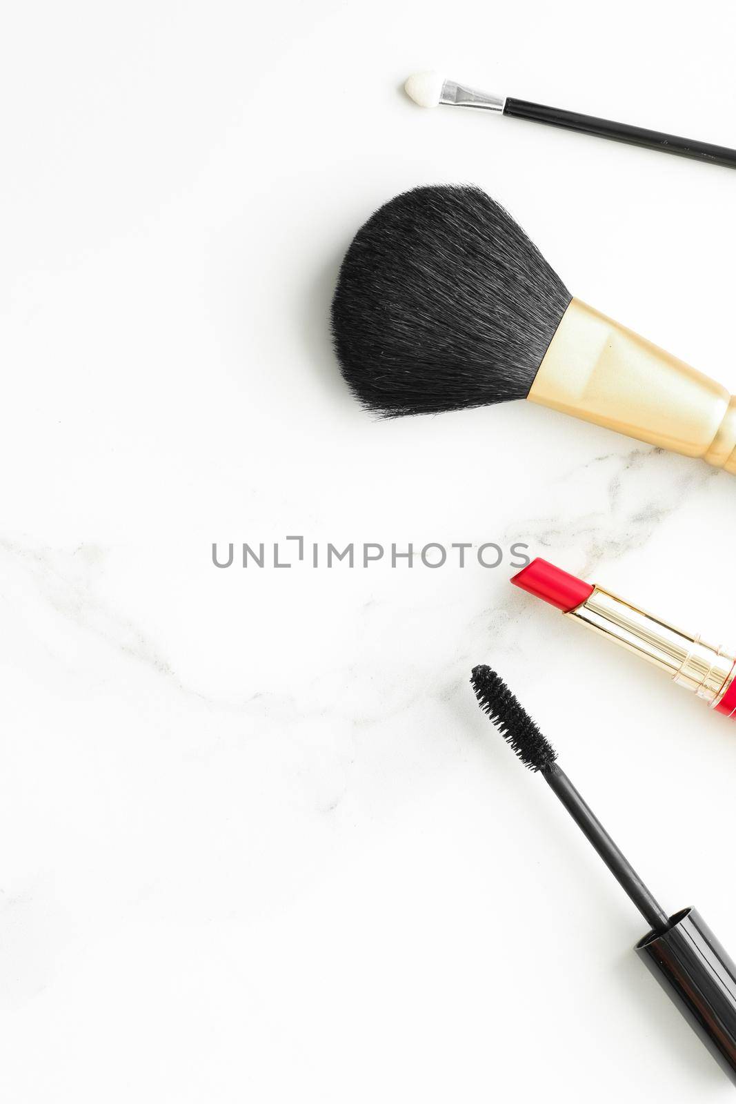 Make-up and cosmetics on marble, flatlay - modern feminine lifestyle, vlog background and styled stock concept. Beauty inspiration in a fashion blog