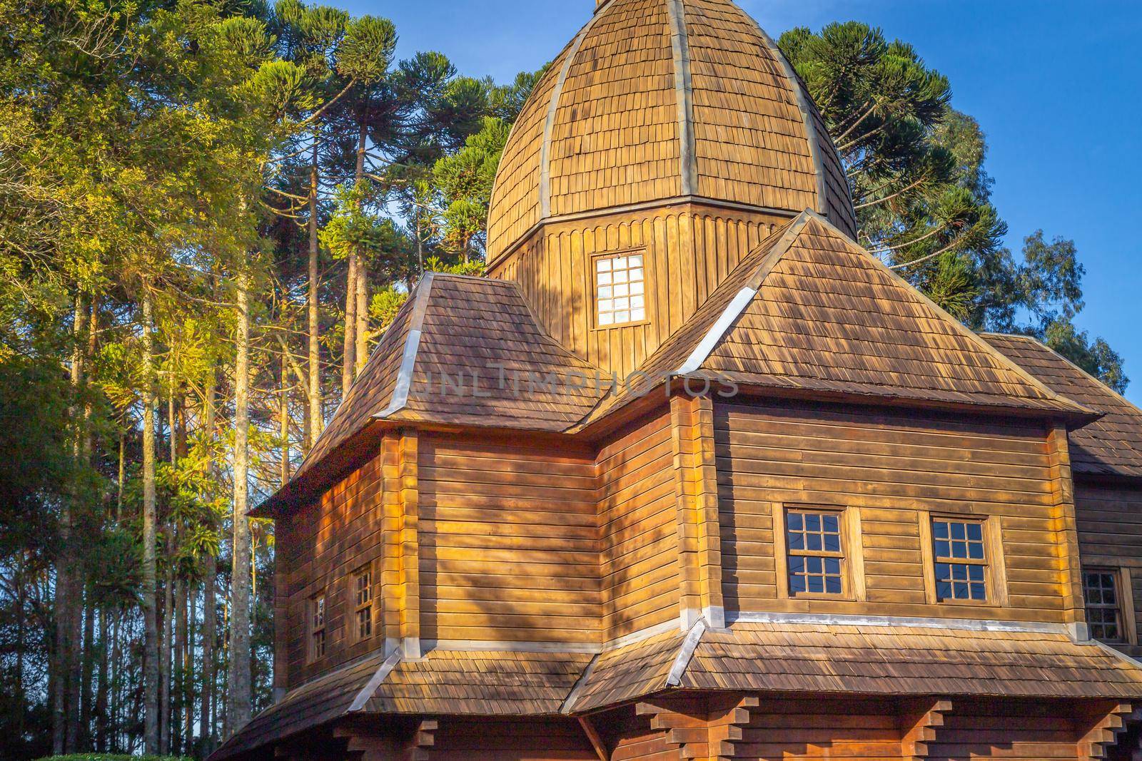 Wooden orthodox ukrainian church in Curitiba at sunrise, capital of Parana state, Brazil