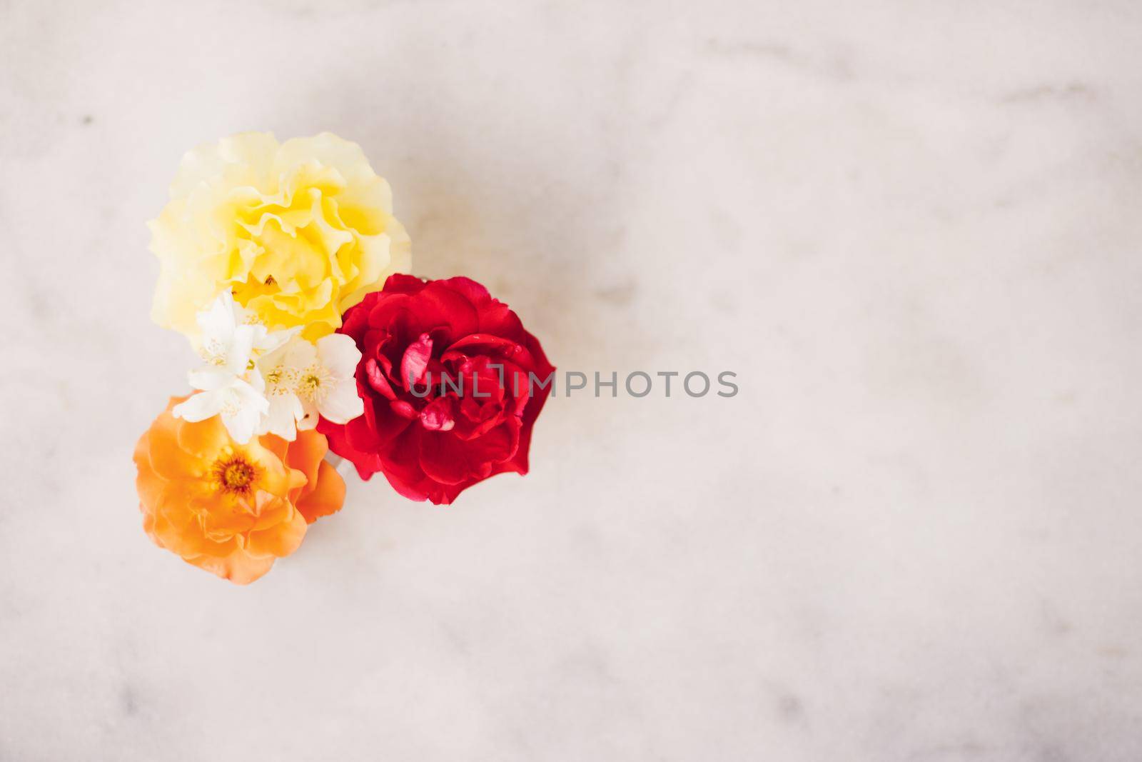 Beautiful floral flatlay composition - wedding decor, florist designed and perfect garden concept. The flowers of love