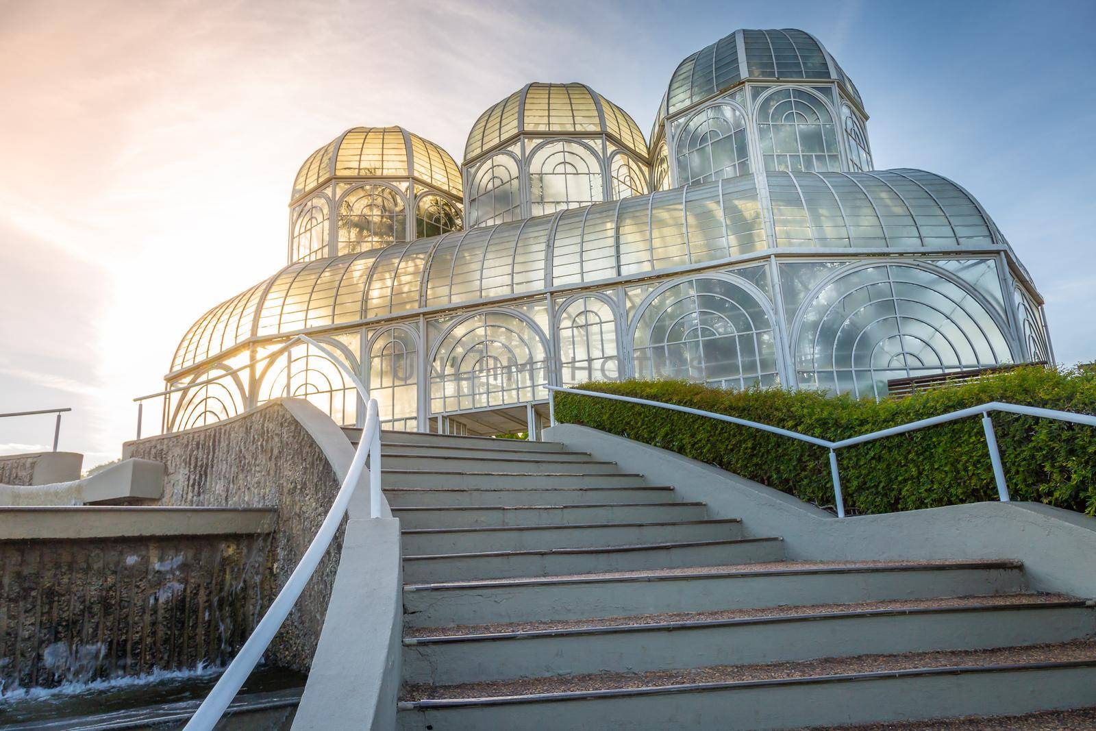 Staircase around Botanical garden greenhouse in Curitiba at golden sunrise, Parana, southern Brazil