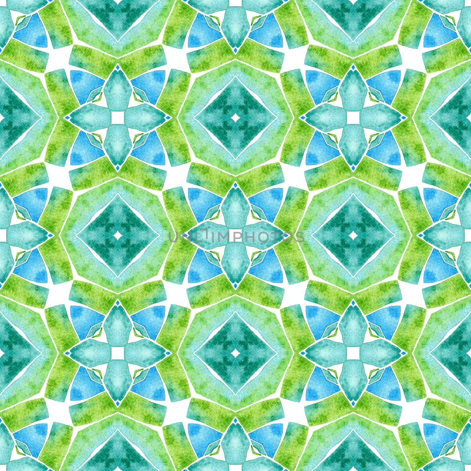 Watercolor ikat repeating tile border. Green radiant boho chic summer design. Ikat repeating swimwear design. Textile ready precious print, swimwear fabric, wallpaper, wrapping.
