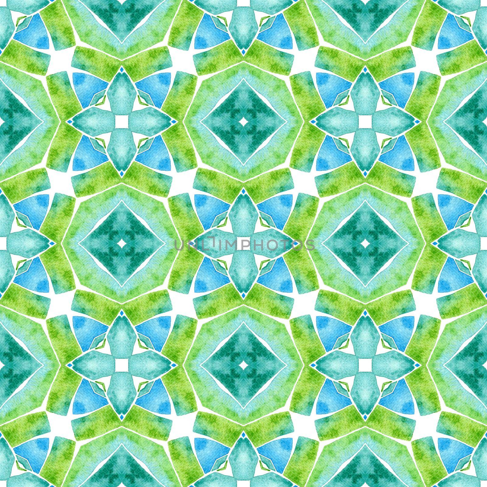 Watercolor ikat repeating tile border. Green radiant boho chic summer design. Ikat repeating swimwear design. Textile ready precious print, swimwear fabric, wallpaper, wrapping.