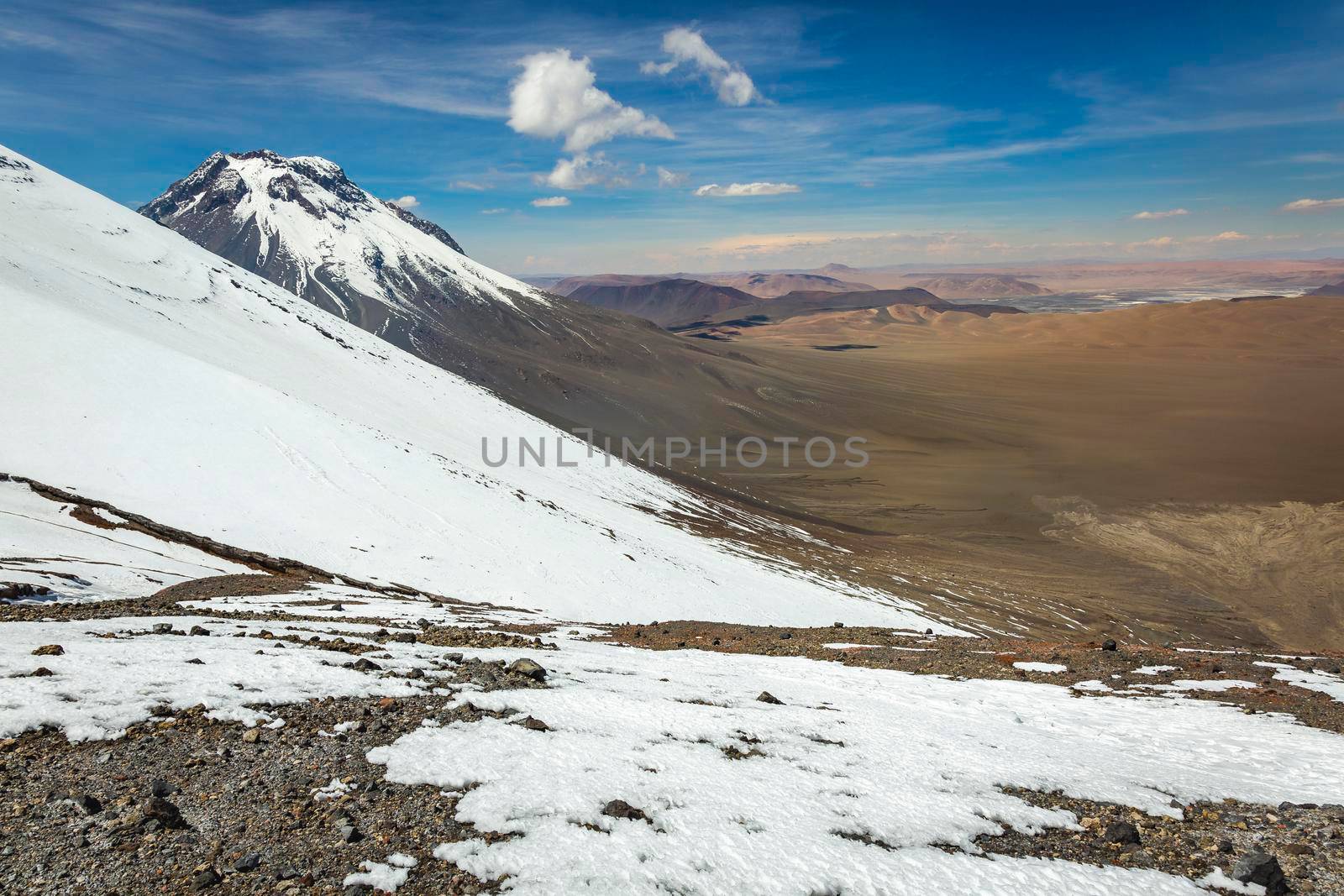 Atacama desert, volcano and arid landscape in Northern Chile, border with Bolivia, South America