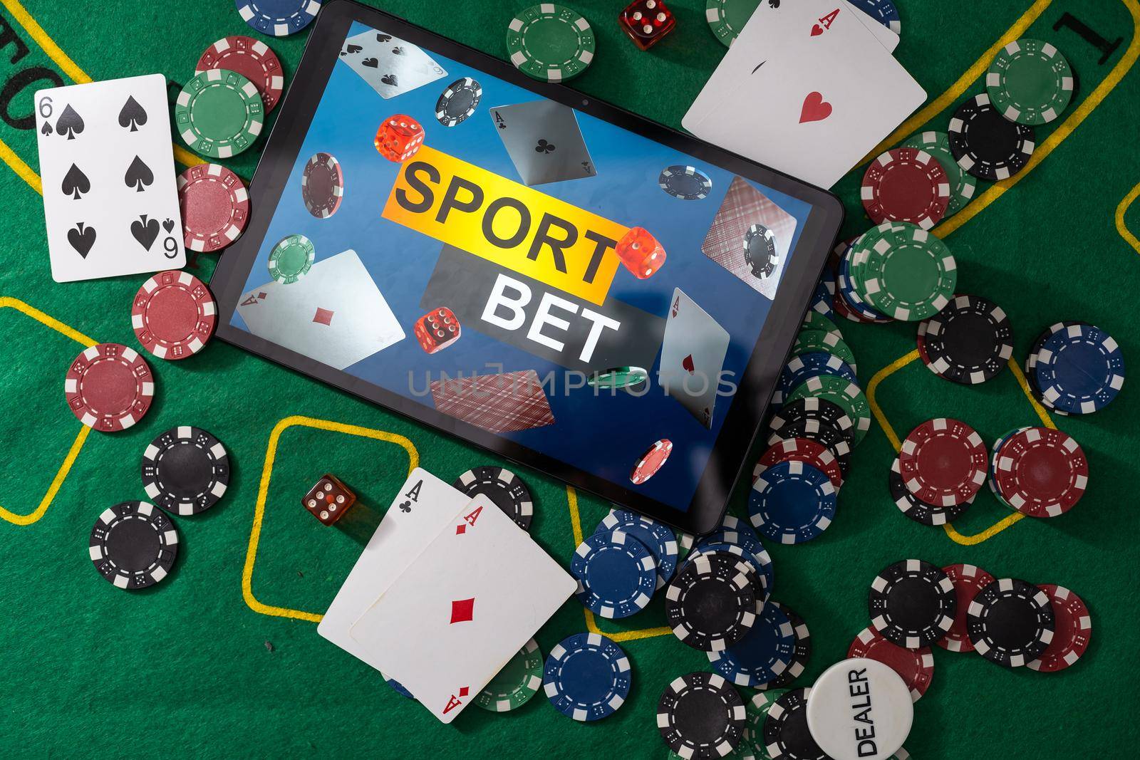 Gambling online casino Internet betting concept green screen. smartphone with poker chips, dice. Jackpot, casino chips