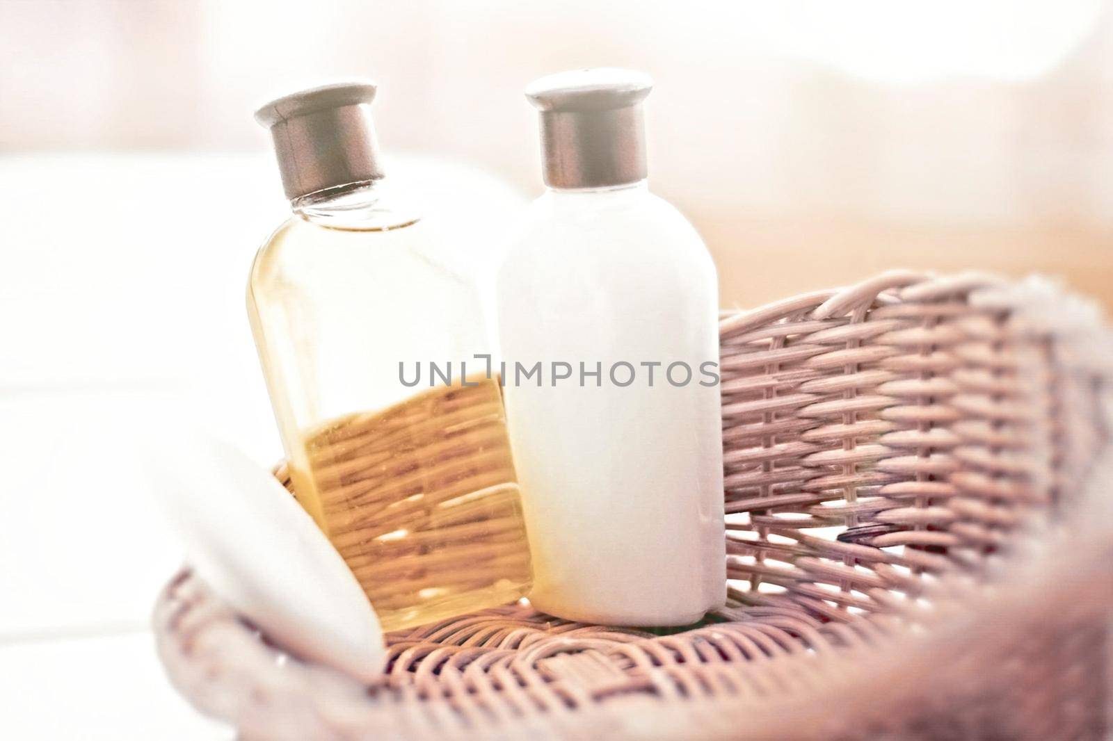 Organic cosmetic products - body care, spa treatment and clean beauty concept. Bathroom essentials for her