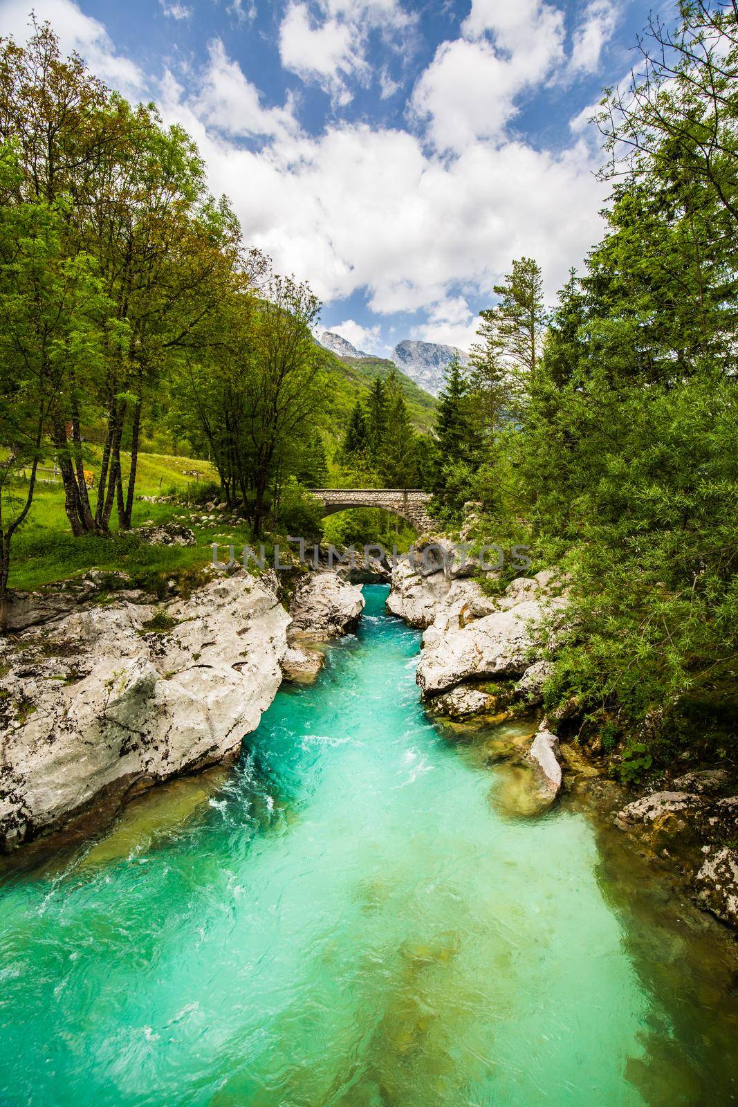 Emerald Soca River in Soca Valley, Slovenia, Europe