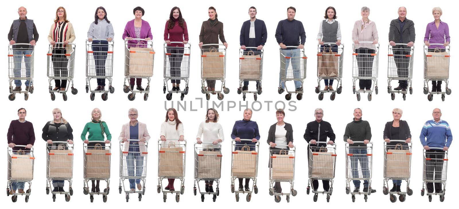 collage group of people with cart isolated on white by asdf