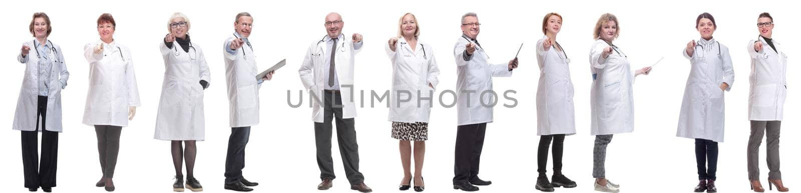 group of doctors in full length isolated on white background