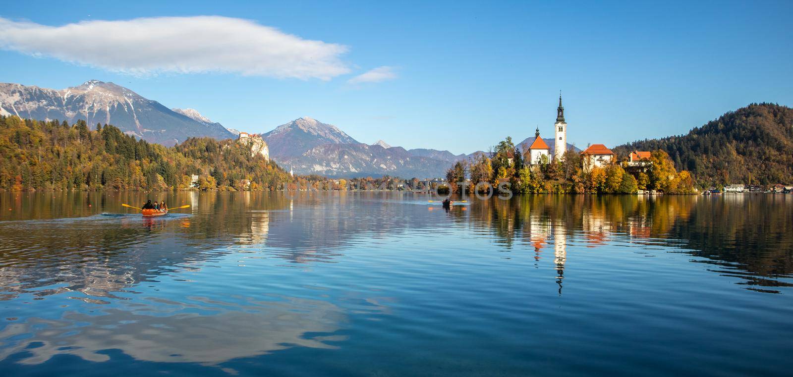 Panoramic view of Julian Alps, Lake Bled with St. Marys Church of the Assumption on the small island. Bled, Slovenia, Europe. by kasto