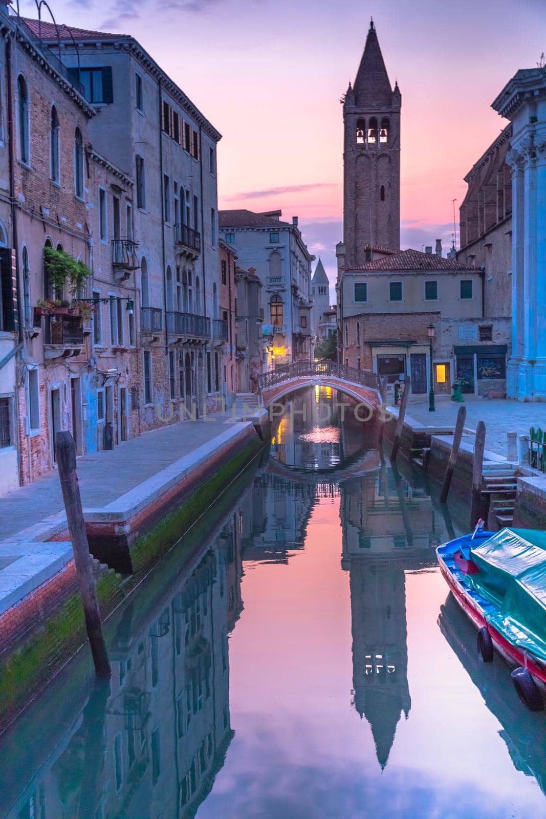 Peaceful Canal scenary in romantic Venice at springtime, Northern Italy