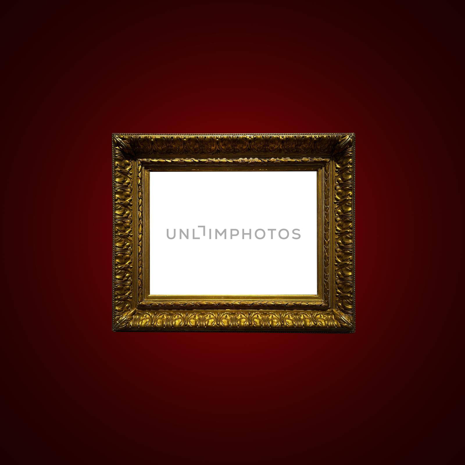 Antique art fair gallery frame on royal red wall at auction house or museum exhibition, blank template with empty white copyspace for mockup design, artwork concept