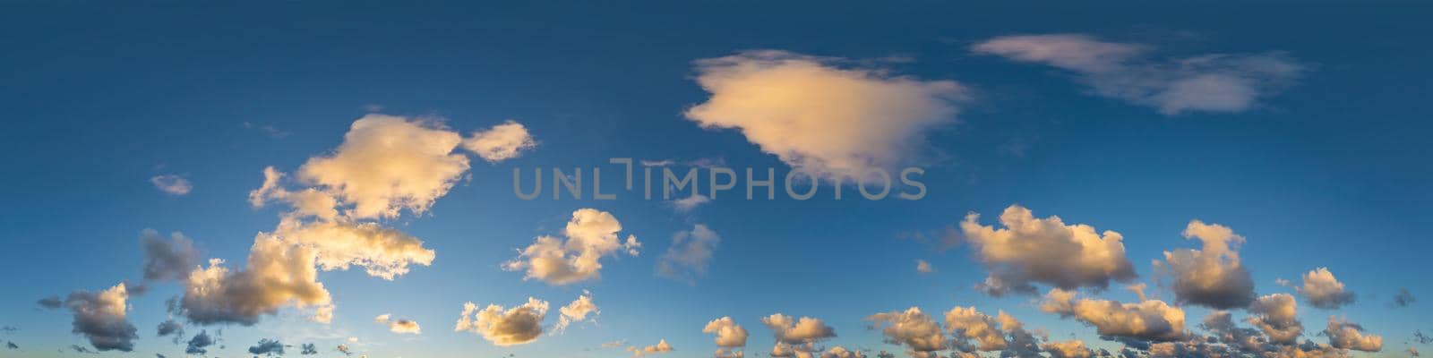 Sky panorama with Cirrus clouds in Seamless spherical equirectangular format. Full zenith for use in 3D graphics, game and editing aerial drone 360 degree panoramas for sky replacement